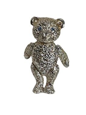 Sparkling Silver Tone Teddy Bear Brooch miniature with Blue Eyes